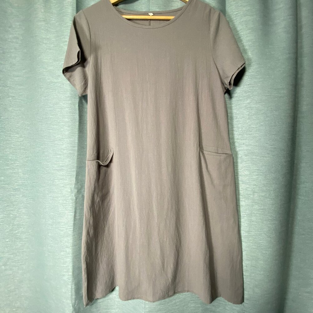 NEW Grey Linen Sheath Mini with front pockets, crew neck